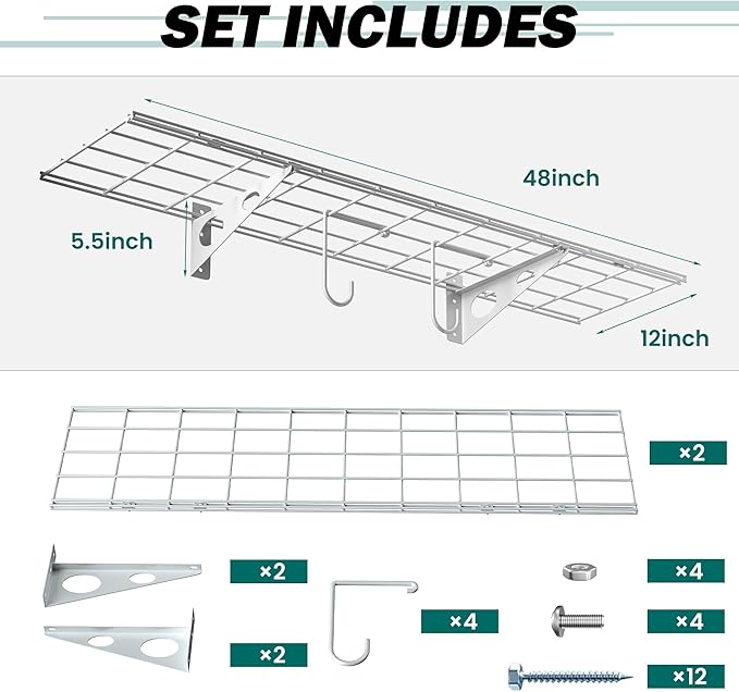 EVERHANGER Garage Wall Shelves, 12 X 48 Inch Wall Mounted Storage Shelves, Heavy Duty Metal Shelving with Hooks, 2 Pack, White