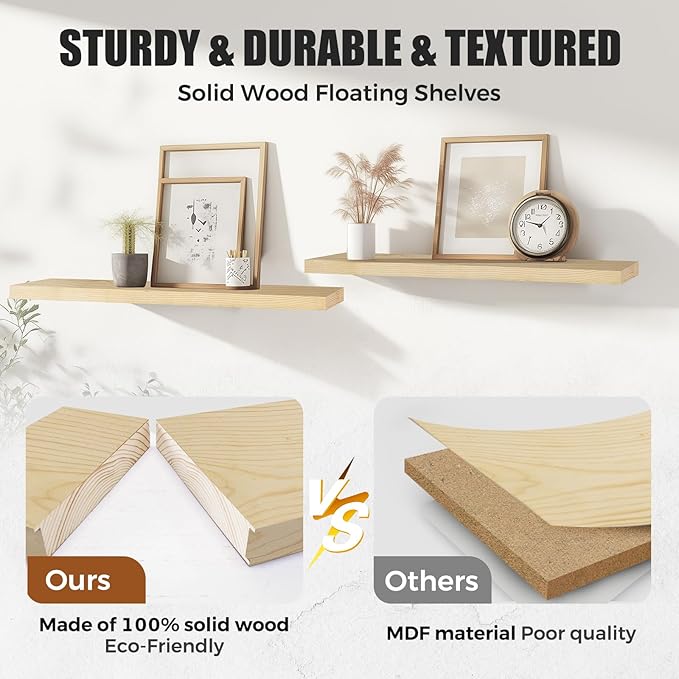 Floating Wall Shelves 4-Pack - Rustic Wood 16-inch Wooden Wall Shelves for Storage and Décor, Multi-Functional and Easy to Install for Living Room, Bedroom, and Kitchen