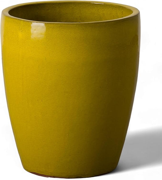 Emissary Bullet 14 in. Mustard Yellow Ceramic Round Planter (14 in. L x 14 in. W x 15.5 in. H) with Drainage Hole