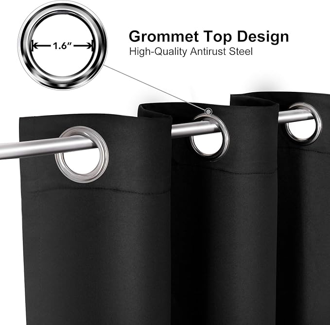 ChrisDowa Grommet Blackout Curtains for Bedroom and Living Room - 2 Panels Set Thermal Insulated Room Darkening Curtains (Black, 52 x 45 Inch)
