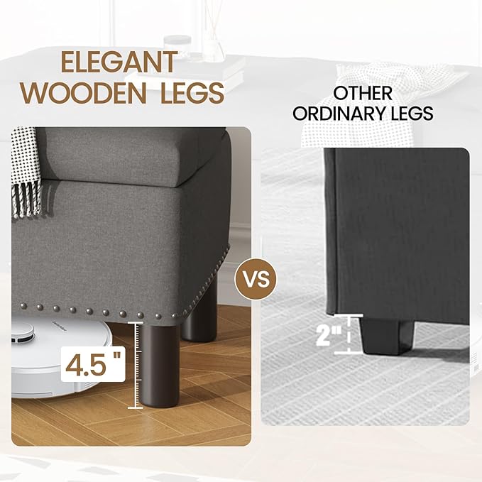 Furniliving Ottoman Bench with Storage, Folding Storage Ottoman Bench with Wood Legs, Upholstered Bedroom Bench with Button-Tufted, Entryway Bench Storage Bench for Bedroom, Linen (Darkgrey)