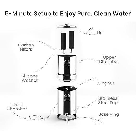 Gravity Water Filter System - 3.25 Gallons - NSF Certified - AISI 304 Stainless Steel Countertop Water Filter System with 2 Smart (Black) Carbon Filter Elements & Free Stainless Steel Water Spigot