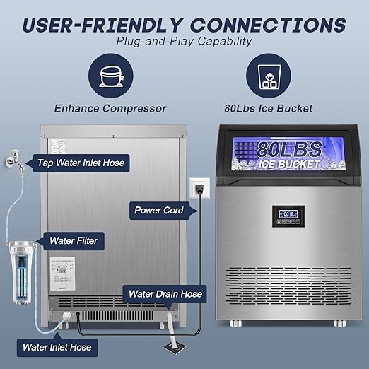 Commercial Ice Maker Machine 360LBS/24H with 80LBS Storage Bin, 126PCS Ice Cubes Ice Machine Stainless Steel Undercounter/Freestanding Ice Maker for Home Bar Outdoor, Self Cleaning