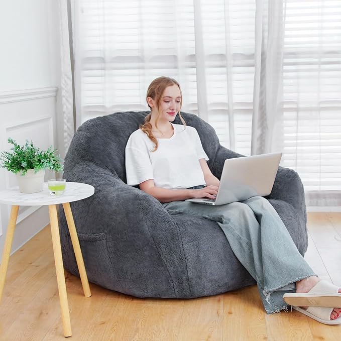 Giant Bean Bag Chair, Oversized Bean Bag Chairs for Adults and Kids, Gaming Chair Stuffed Memory Foam | Storage | Non-Slip, Removable Bean Bag Sofa Comfy Chair for Bedroom, Livingroom (Grey)