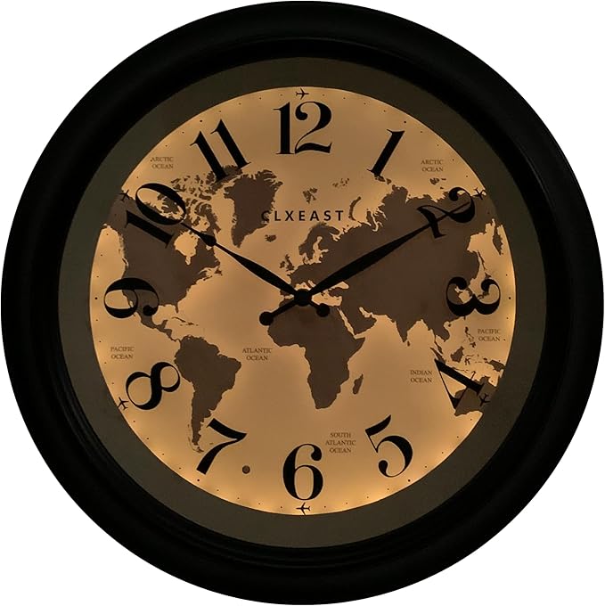 CLXEAST 18 Inch Illuminated Wall Clock with Smart LED Light Sensor, Large Modern World Map Wall Clocks for Living Room Decor,Oil Rubbed Bronze,Unique House Warming Gifts