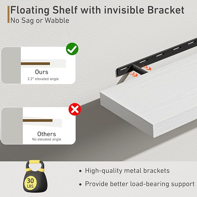 Fun Memories Deep Floating Shelves - 16" W x 9" D x 1.6" H Rustic White Wall Shelf - Wall Mounted Shelves for Storage - Wooden Shelves with Invisible Brackets for Living Room, Farmhouse - Set of 2