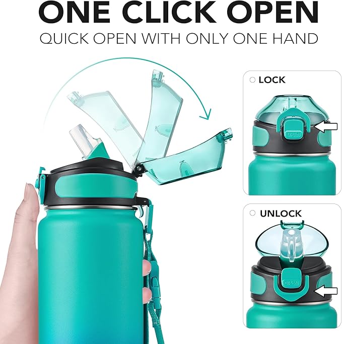 Enerbone 32 oz Insulated Water Bottle, Stainless Steel Bottle with Carrying Strap, Double-Wall Vacuum Insulation Design, Leakproof Sports Bottle with Straw, Keep Drinks Cold or Hot for Hours