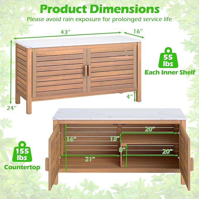 Goplus Patio Storage Cabinet, 2-Door Acacia Wood Storage Container with Faux Marble Top, Outdoor Wooden Sideboard for Deck, Garden, Lawn and Backyard