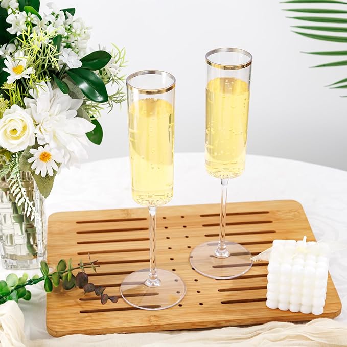 Ciaell 24 Pack Plastic Champagne Flutes - 6Oz Gold Rim Disposable Champagne Glasses - Square Clear Plastic Toasting Glasses for Party Birthday Anniversary Wedding