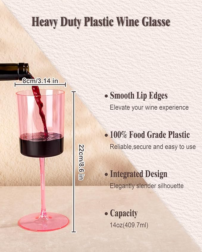 Ciaell 12 Pack Pink Plastic Wine Glasses - 14Oz Plastic Wine Glasses with Stem - Disposable Stemmed Wine Glass for Parties & Weddings & Outdoor