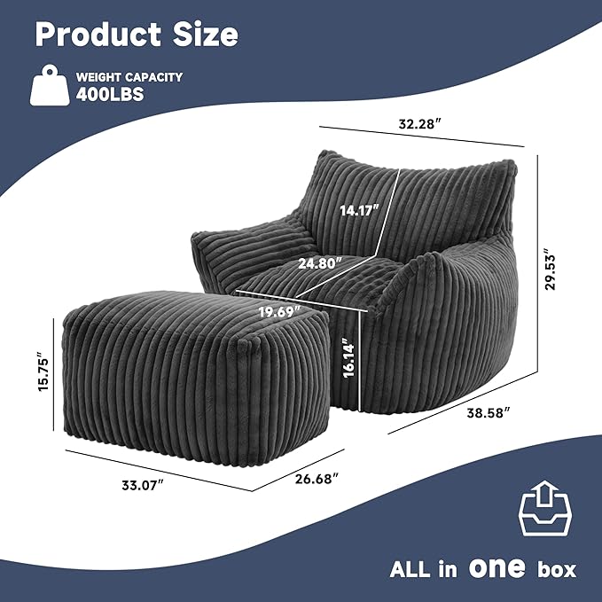 Giant Bean Bag Chairs for Adults, Oversized Chaise Lounge Chair Indoor with Memory Foam - Plush Boneless Lounger & Ottoman for Bedroom, Living Room, Gaming & Reading, Lazy Floor Sofa Chair, Gray