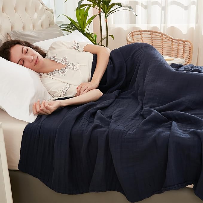EMME Cotton Throw Blanket for Couch Soft Muslin Blankets 50"x60" Lightweight Breathable Blanket All Season Gauze, Navy
