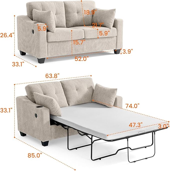 CHIC HOUSE Pull Out Sofa Bed, Full Size Sleeper Sofa, 2-in-1 Convertible Corduroy Couch with USB Charging, Memory Form Couch for Living Room, Apartment and Small Space (Beige, Corduroy - Full Size)