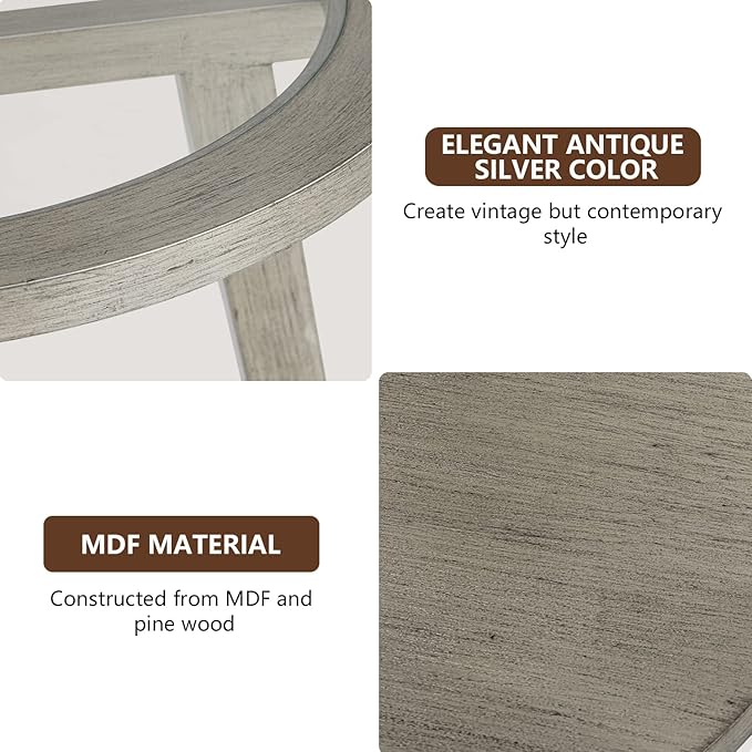 COSIEST 2-Tier End Table with Tempered Glass Top, Round MDF Side Table with Storage Shelf, Modern Wood Accent Table for Bedroom Living Room Home Office, Antique Silver