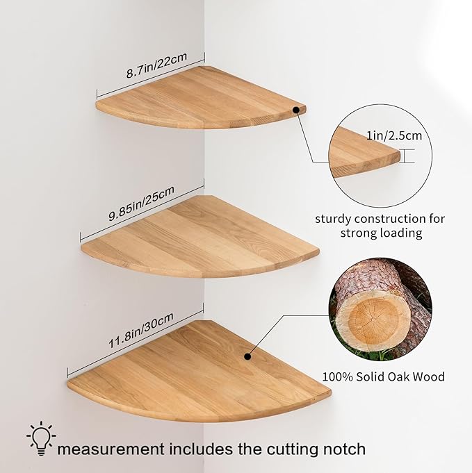 Corner Shelves, Floating Corner Shelf, Set of 3 Solid Oak Wood Corner Wall Shelves, Round End with Wire Hole Shelving for Small Plant for Bedroom Kitchen, Living Room (Size 9/10/12in)