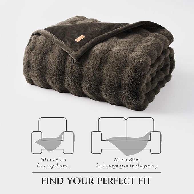 EVERGRACE Ultra Soft Luxury Fluffy Faux Rabbit Fur Throw Blanket, Thick Warm Fuzzy Blankets for Bed, Cozy Plush Reversible Blanket for Couch, Chair, Sofa, Dark Taupe, 60x80 Inches, 870 GSM