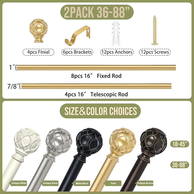 Gold Adjustable Curtain Rods for Windows:Farmhouse Heavy Duty Curtain Rod for Bedroom Living Room,Boho Decorative Rustic Drapery Rod with Vintage Coastal Texture Finial,Brass Gold 2Pack 36-88"