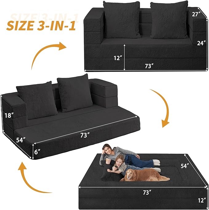 Folding Bean Bag Chair for Adults,3-in-1 Bean Bag Couch Faux Fur Floor Sofa Large Beanbag Convertible Bean Bag Sofa Bed with Pillow in Bedroom,Living Room,Apartment(Queen,Black)