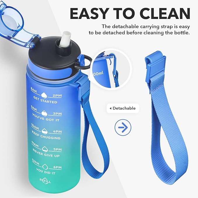 Enerbone Water Bottle, Leakproof BPA & Toxic Free, Motivational Water Bottle with Times to Drink and Straw, Fitness Sports Water Bottle with Strap for Office, Gym, Outdoor Sports
