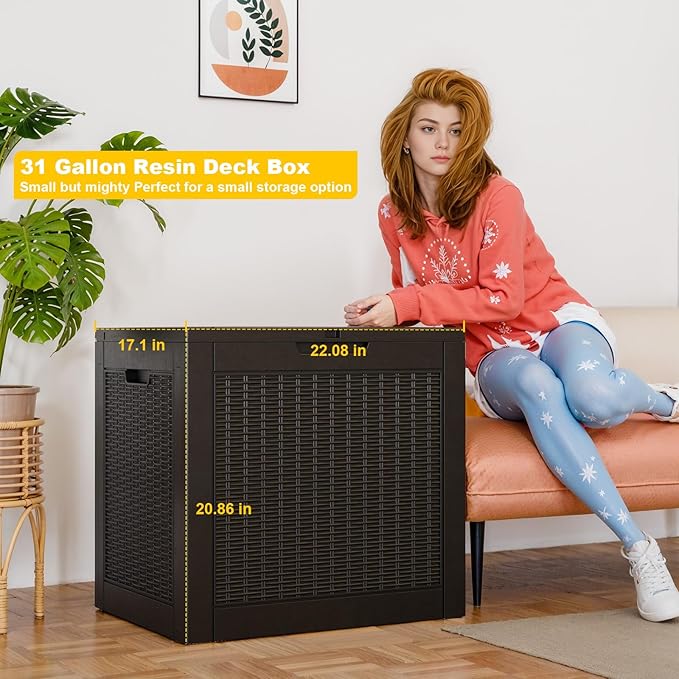 Deck Box Large Outdoor Storage for Patio Furniture,Outdoor Cushions,Garden Tools,Picnic Supplies and Pool Supplies,Waterproof,Resin,Lockable (Black, 31 Gal)