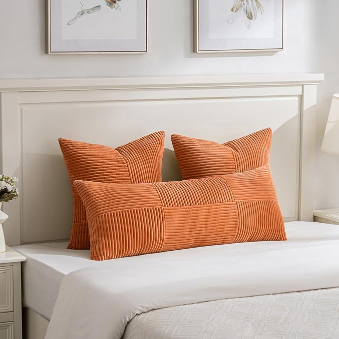Fancy Homi 2 Packs Burnt Orange Decorative Throw Pillow Covers 18x18 Inch for Living Room Couch Bed Sofa, Farmhouse Boho Home Decor, Soft Corss Corduroy Patchwork Textured Accent Cushion Case 45x45 cm