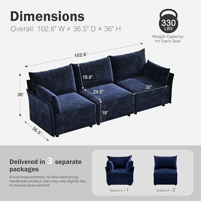 102.6" Modular Sectional Sofa, Oversized 3-Seater Blue Couch with Removable Chenille Fabric Cover, Deep Seat & High Backrest for Living Room, Office & Apartment