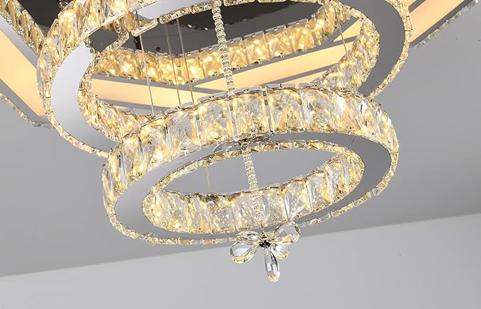 Flashing God Crystal Chandeliers Dia 32" Silver Elegant Chandelier Flush Mount Ceiling Light for Bedroom Living Room Dining Room Hallway Dimmable 3 Rings LED Celing Lighting Fixtures