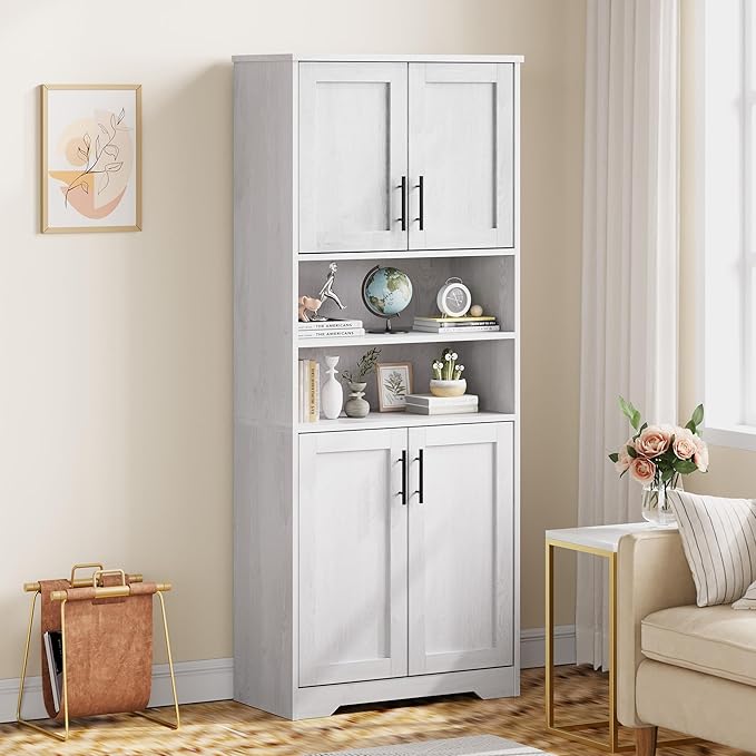 GarveeHome 67" Tall Storage Cabinet, Tall Bathroom Cabinet with 4 Doors and Adjustable Shelves, Freestanding Kitchen Pantry Cabinets, Cupboard for Living Room, Dining Room, Antique White