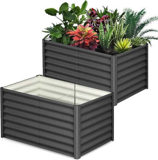 Galvanized Raised Garden Bed Outdoor, 2 Pcs 6x3x2FT Outdoor Large Planter Raised Beds Open Base with Safety Edge and Glove for Vegetables Flowers Ground Planter, Dark Gray