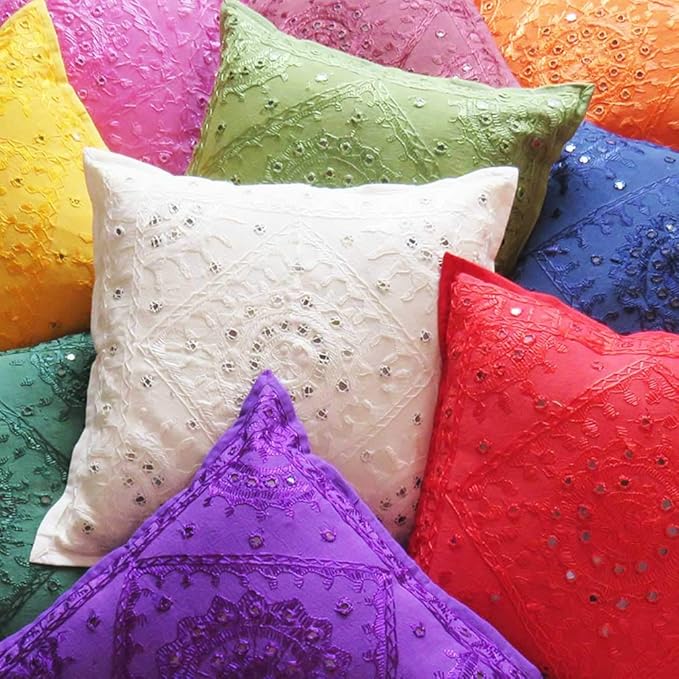 Eyes of India Embroidered Decorative Boho Throw Pillow Cover with Mirrors, Handmade Bohemian Accent Cushion Case for Sofa Couch Bedroom Living Room (Black, 24" x 24")