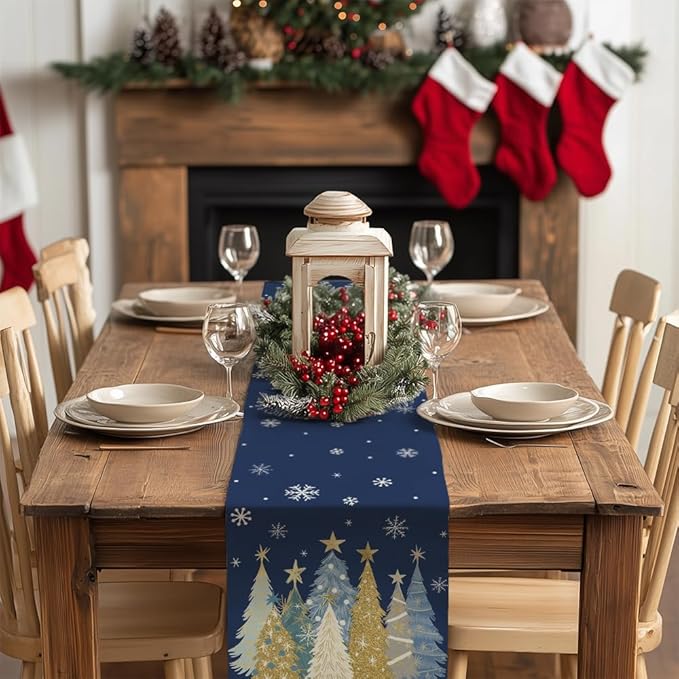 GEEORY Christmas Table Runner 13x120 Inch, Xmas Trees Snowflakes Holiday Decorative Farmhouse Table Decoration for Kitchen Dinning, Indoor Outdoor Dinner Party Decor (Blue) GT151-120N