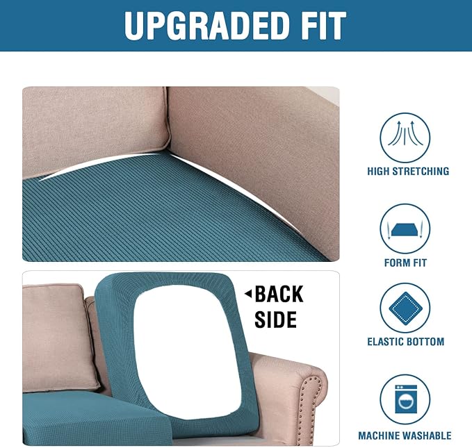 H.VERSAILTEX Super Stretch Individual Seat Cushion Covers Sofa Covers Couch Cushion Covers Slipcover Sets Thick Jacquard Textured Twill Fabric (2 Piece Large Sofa Cushion Covers, Storm Blue)