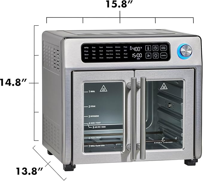 Emeril Lagasse Extra Large French Door Air Fryer Toaster Oven Combo, 24 Cooking Functions and Digital Controls, 7 Accessories Included, Stainless Steel Finish, 26QT Capacity