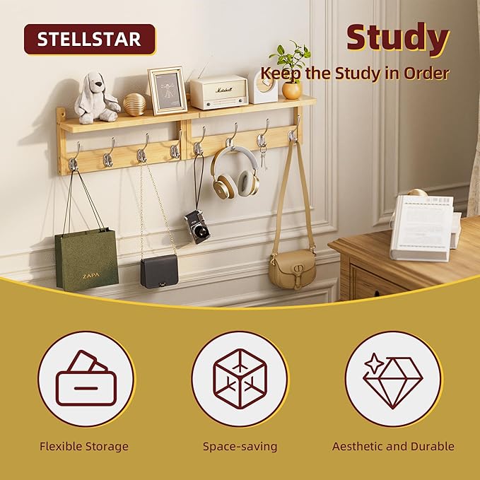 Coat Rack with Shelf, 2 Pack Bamboo Wall-Mounted Coat Hanger with 8 Hooks for Entryway, Hallway, Kitchen, Bathroom, Living Room, Utility Room (Natural)