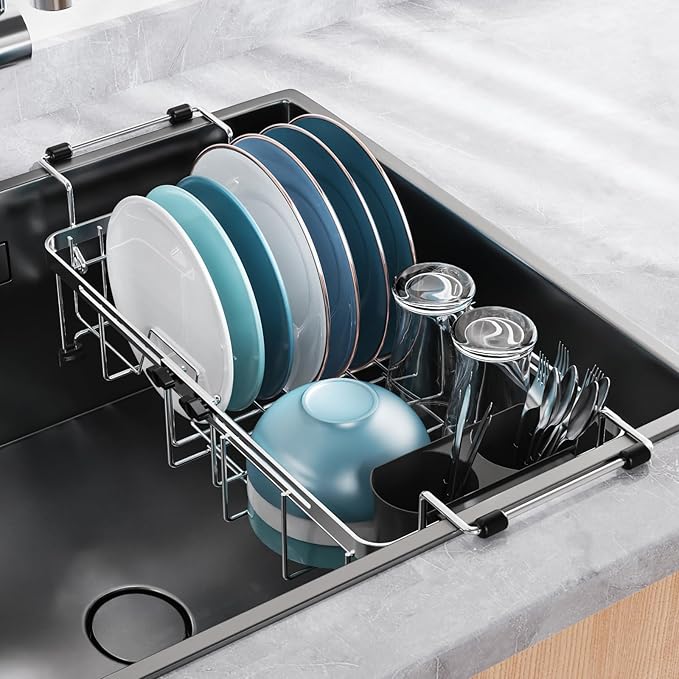 GSlife Expandable in Sink Small Dish Drying Rack - Stainless Steel Capacity Adjustable Over The Sink Dish Rack with Utensil Holder, 11.9“-16.7” L x 9" W x 5.7" H, Silver