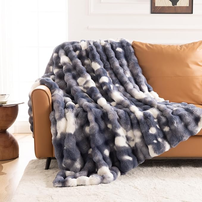 Cozy Faux Fur Throw Blanket for Couch-Warm Fuzzy Throw Blanket, Soft Plush Thick Bubble Blankets for Bedroom and Living Room, Furry Luxury Blanket, 50 x 60,Tie-Dye Blue