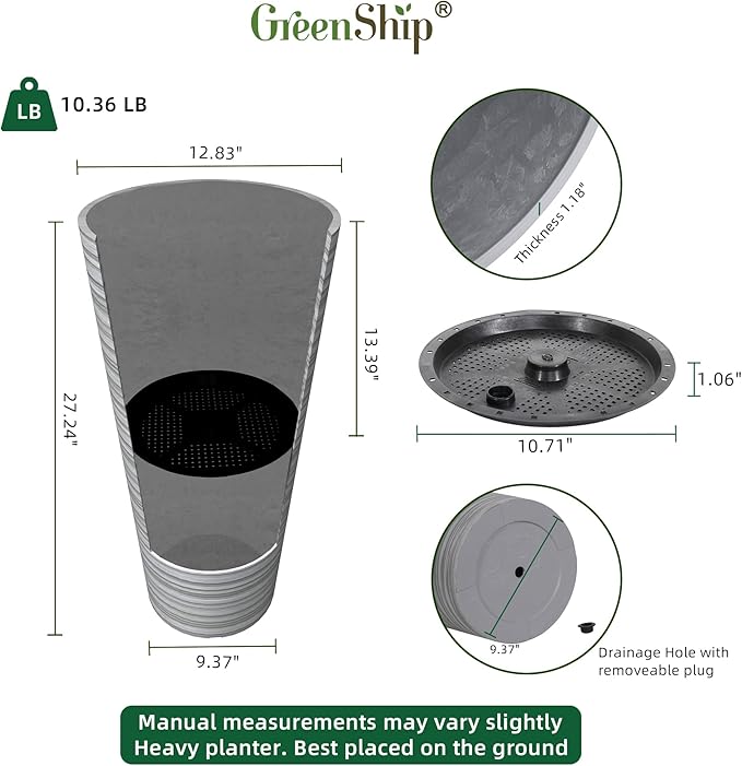 GreenShip 27" Tall Planters, Set of 2 – Black Outdoor Planter for Front Porch & Tall Plants, Weather-Resistant, with Drainage Hole & Rubber Plug (No Plants Included) (Light Gray)