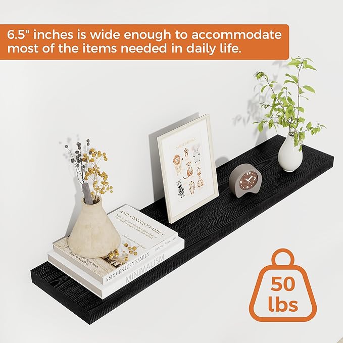 Fun Memories Floating Shelves for Wall, 30" Rustic Wood Deep Wall Mounted Shelves with Invisible Brackets for Decor & Storage, Floating Shelf for Living Room, Bathroom (Black, Set of 2)