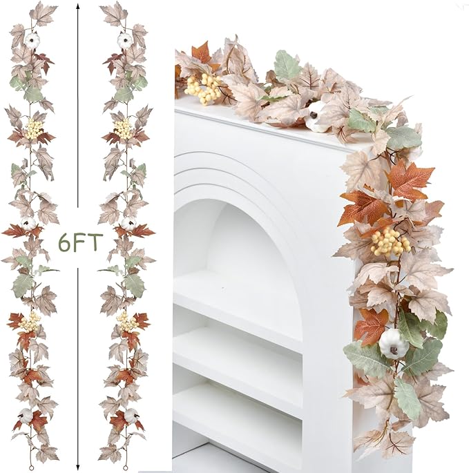 DearHouse 2 Pack Fall Maple Leaf Hanging Vine Garland Artificial Autumn Foliage Thanksgiving Decor for Home Wedding Fireplace Party Christmas (White&Green)