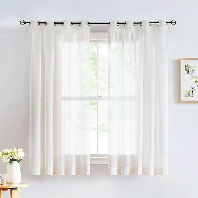 FMFUNCTEX Linen Sheer Curtains for Bedroom, Beige Curtains 63 Inch Length Short Light Filtering Draperies for Living Room, Natural Cream White Light Filtering Farmhouse Curtain Grommet Top 2 Panels