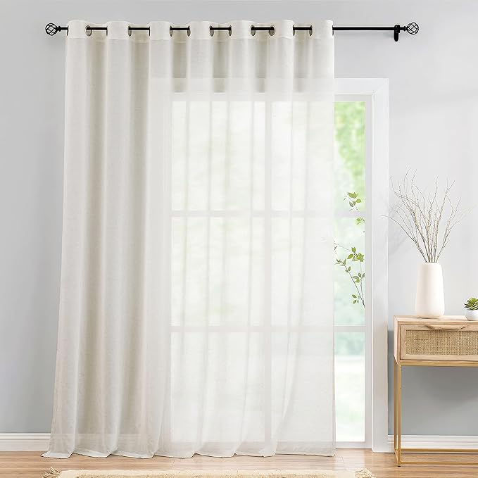 FMFUNCTEX Linen Sheer Sliding Door Curtains for Bedroom, Beige Curtains 84 Inches Long Window Curtain Drapes for Living Room, Natural Patio Glass Door Extra 100 Wide Curtain, Grommet Top 1 Panel
