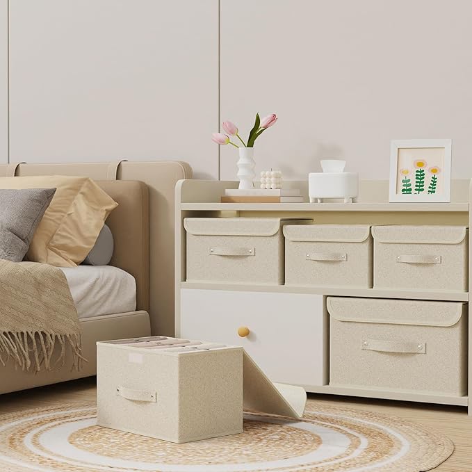 Fabric Storage Bins Cube Organizers with Flip-Top Lid and Handles,Storage Boxes for Organizing Home,Office,and Closet,Grey and Beige,3 Pack 10.2 X 7.9 X 6.7 in