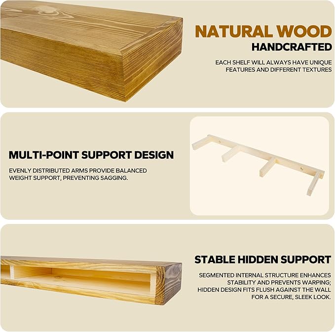 Floating Shelves 3 inch Thick for Wall Set of 2,Solid Pine Wood Wall Mount Shelf for Kitchen Living Room Bedroom Bathroom,8" D x 36" L x 3" H-Gold Oak