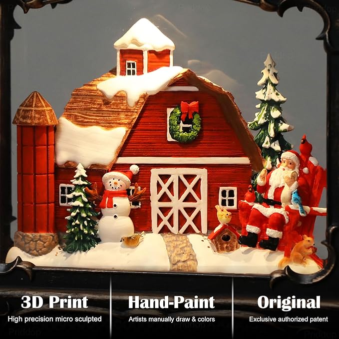 Christmas Snow Globe Lantern Christmas Decorations Gifts Barn Snowman Santa Claus Cardinal Winter Farm Scene Musical Glitter Snowfall USB/Battery Timer 12 inch