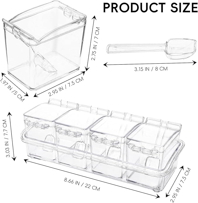 Clear Seasoning Box, 4 Pieces Seasoning Rack Spice Pots, Storage Container Condiment Jars Acrylic Seasoning Box with Covers and Spoons for Spice, Sugar, Salt, Sugar, Cardamon, Cinnamon