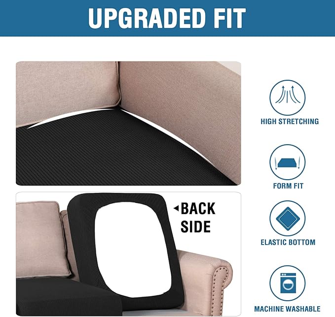 H.VERSAILTEX Super Stretch Individual Seat Cushion Covers Sofa Couch Slipcover Sets Thick Jacquard Textured Twill Fabric (3 Piece Covers, Black)