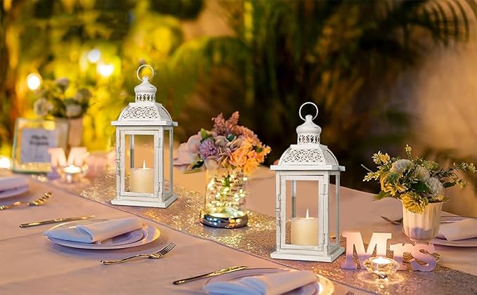 DECORKEY Lantern Decorative Indoor&Outdoor, 2 Pack 14.4'' Large Metal Candle Lanterns, Vintage Hanging Candle Holders for Farmhouse Wedding Front Porch Patio, Halloween Christmas Decorations for Home