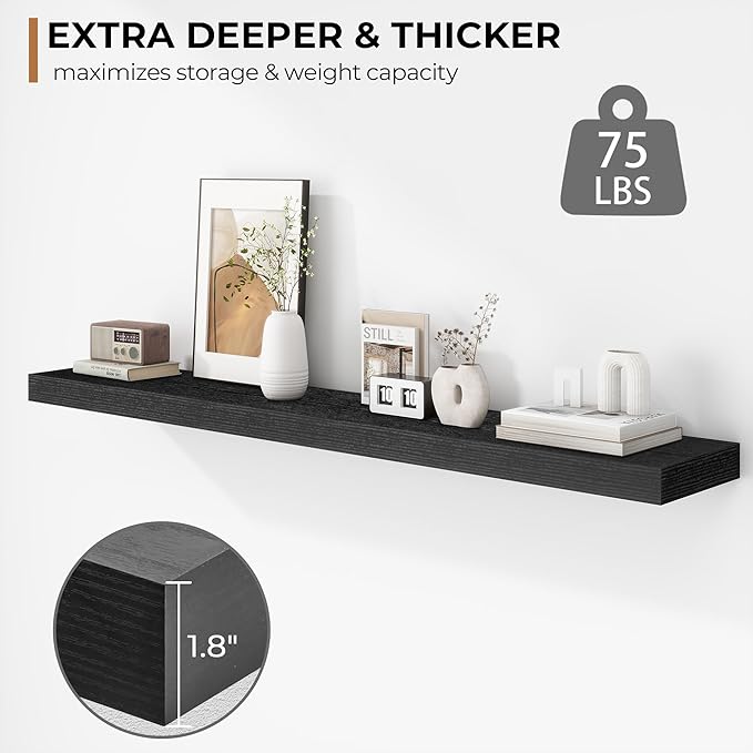 Fun Memories 48 Inch Floating Shelves - Fireplace Mantel Shelf - Deep Wall Mounted Wood Storage Shelf for Bedroom, Kitchen, Farmhouse - 1 Pack, Rustic Black