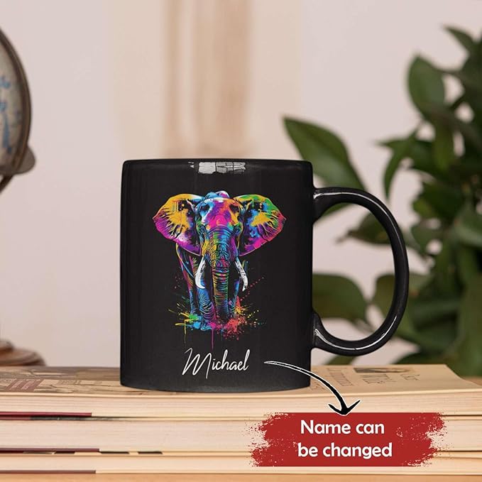 Elephant Coffee Mug 11oz 15oz, Personalized Name Animal Black Cup, Gift For Elephant Lovers, Custom Colorful Animal Design Mug, Gifts For Son Daughter On Birthday