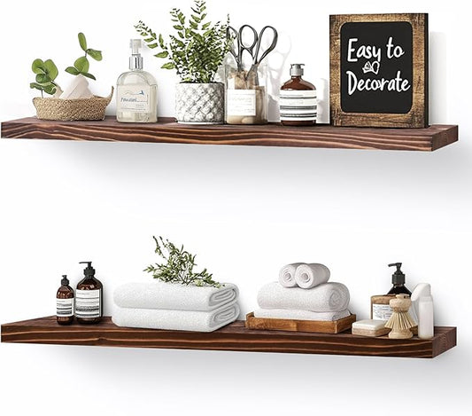 Floating Wall Shelves 2-Pack - 24-Inch Rustic Brown Wooden Shelves for Storage and Décor, Easy Installation for Living Room, Bedroom, and Kitchen